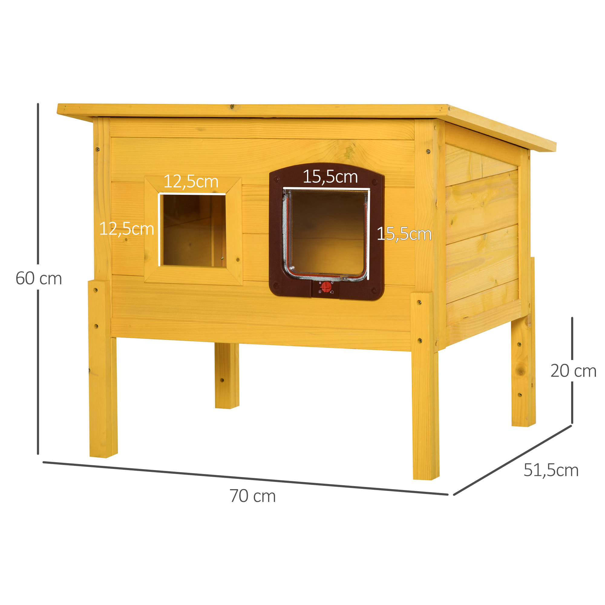 Maison niche pour chat sur pied toit bitumé ouvrant porte fenêtre bois verni