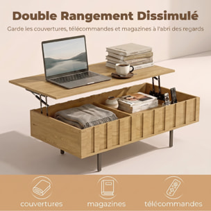 Table basse relevable avec 2 rangements cachés et côtés cannelés, 110 × 55 × 36,5 cm, effet chêne