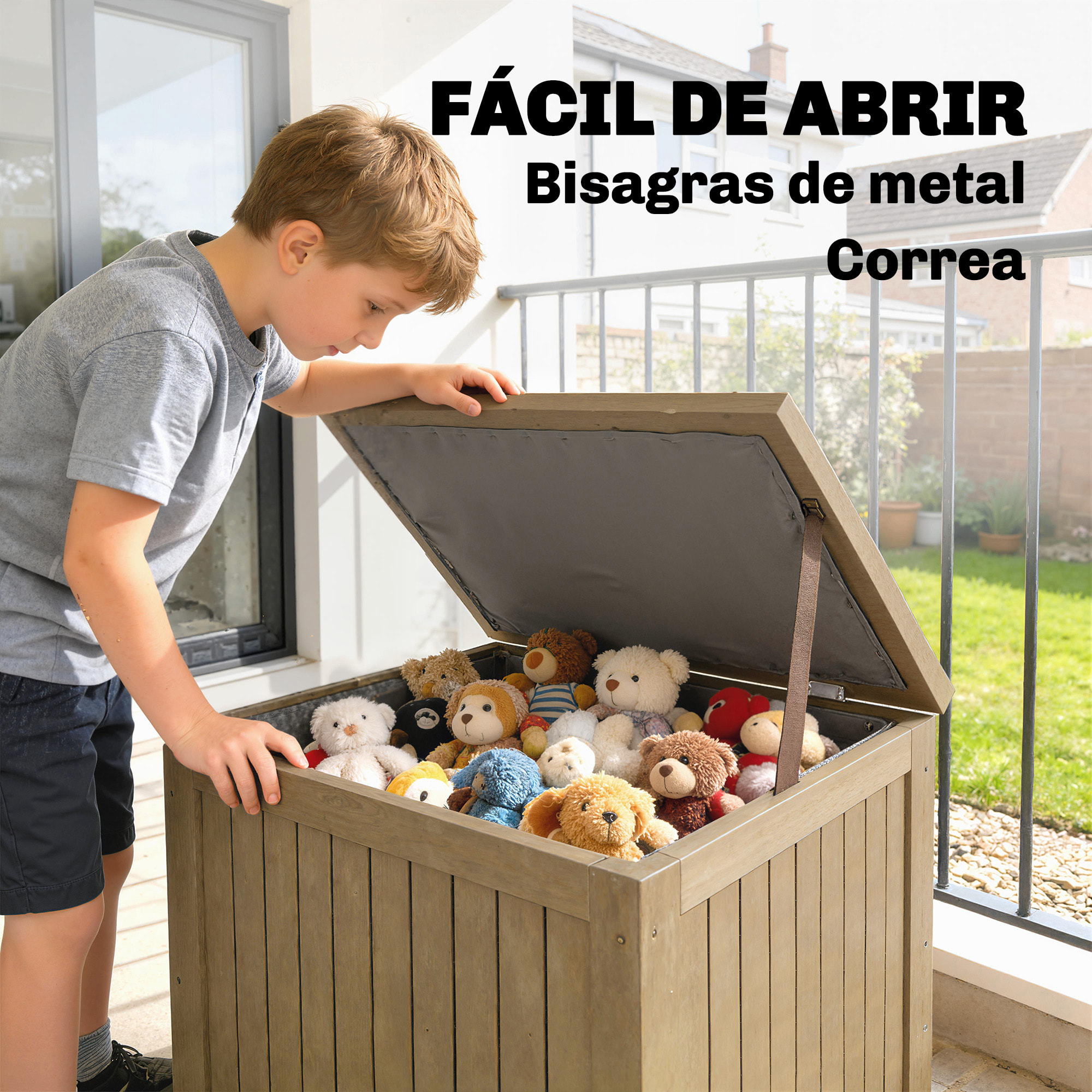 Arcón Exterior de Madera, 130L, Baúl Almacenaje Exterior con Forro, Tapa con Bisagras y Correa, Impermeable, Resistente a la Intemperie, para Jardín, Terraza, Patio, 63x51x58,5 cm, Marrón