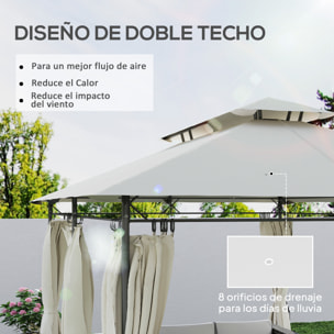 de Jardín 4x3 m, Pabellón de Jardín Gazebo con Doble Techo, 6 Paredes Laterales, Estructura Metálica, Orificios de Drenaje, Carpa para Exterior, Terraza, Patio, Crema
