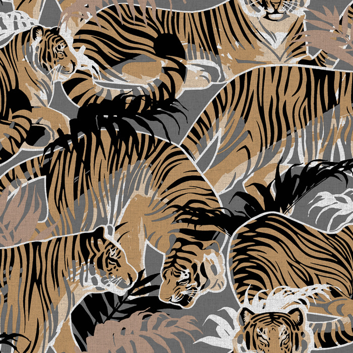 Papier peint tigres jungle ocre et gris foncé