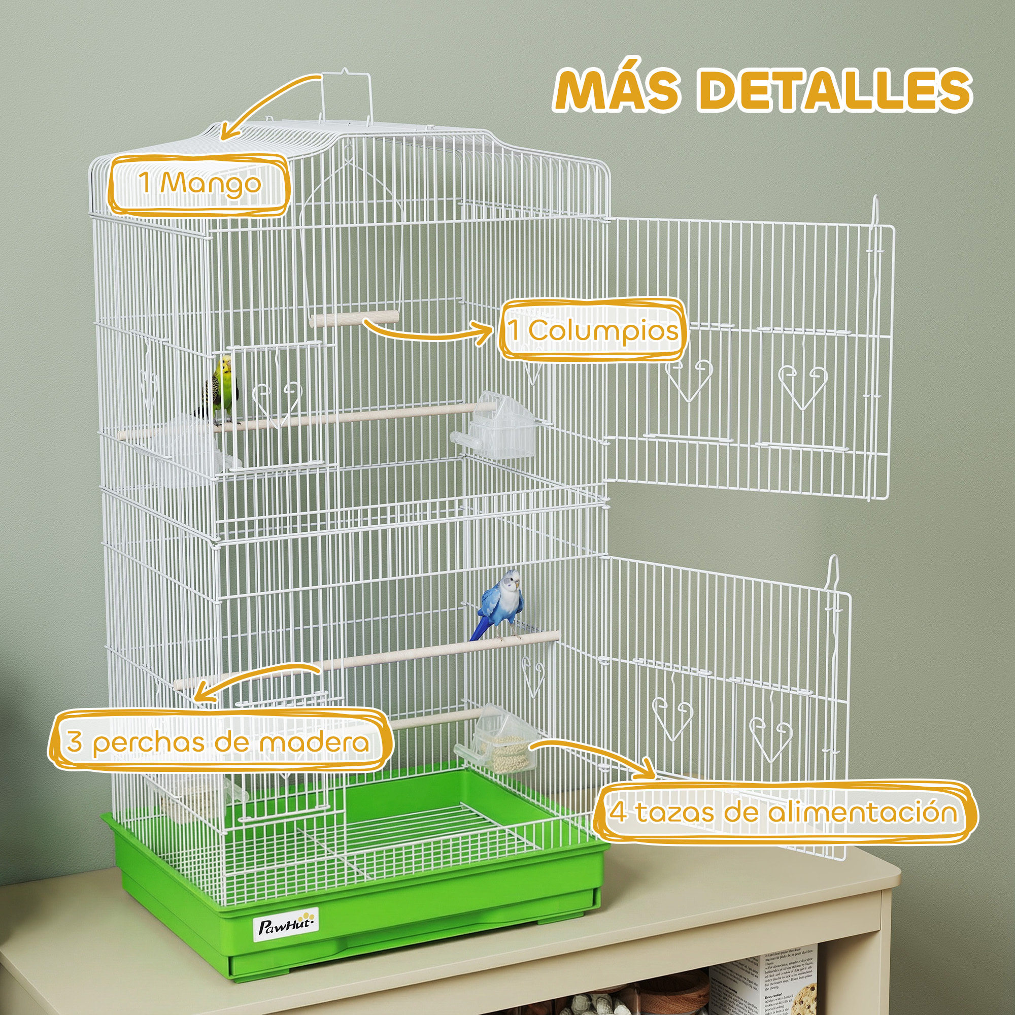 Jaula para Pájaros, Jaula de Metal para Pájaros con Puertas, 4 Comederos, 3 Perchas, Columpio, Bandeja Extraíble y Asa de Transporte, para Loro, Canario, Periquito, 46,5x35,5x92 cm, Verde