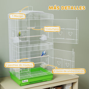 Jaula para Pájaros, Jaula de Metal para Pájaros con Puertas, 4 Comederos, 3 Perchas, Columpio, Bandeja Extraíble y Asa de Transporte, para Loro, Canario, Periquito, 46,5x35,5x92 cm, Verde