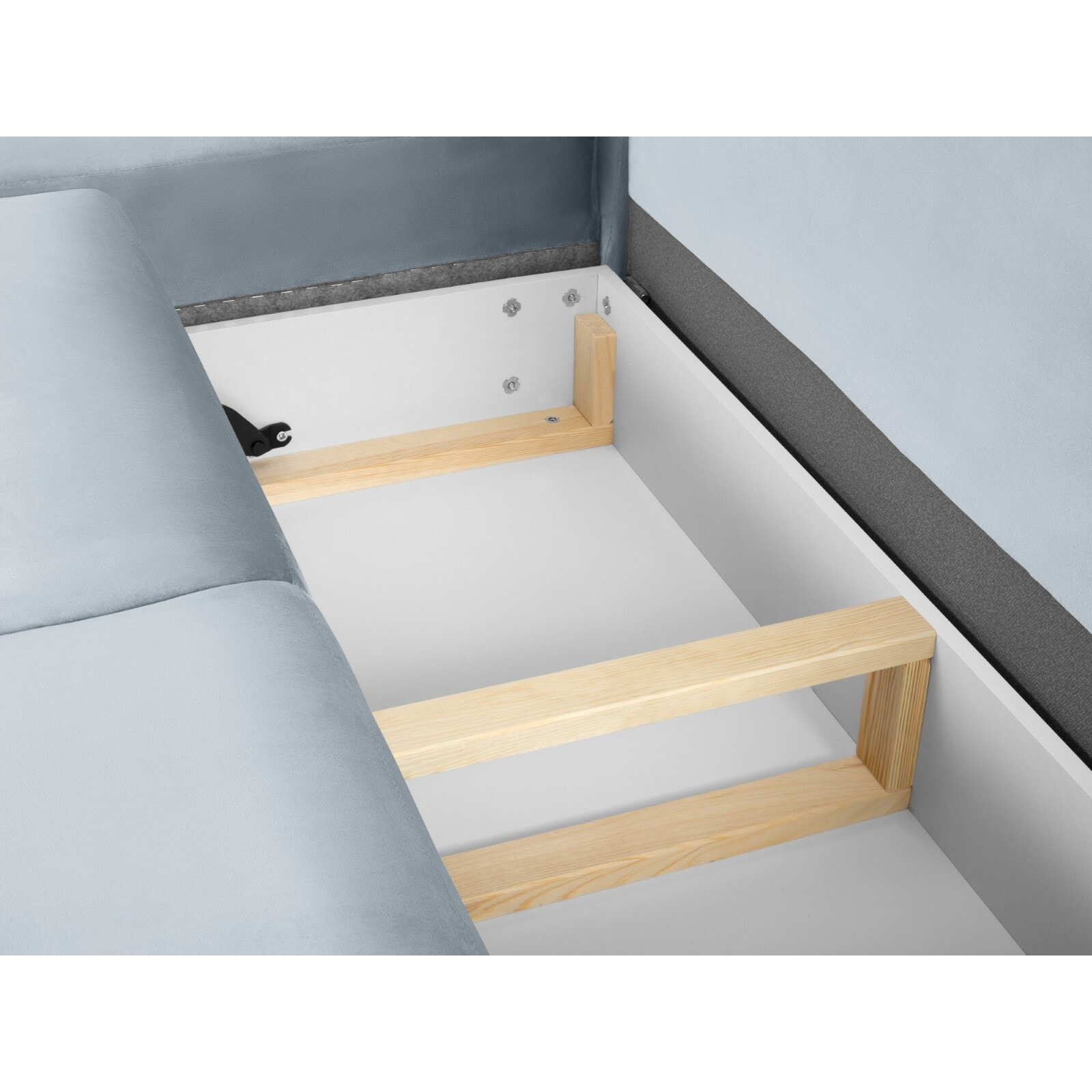 Canapé d'angle gauche convertible avec coffre de rangement "Kyoto" 5 places en velours bleu clair
