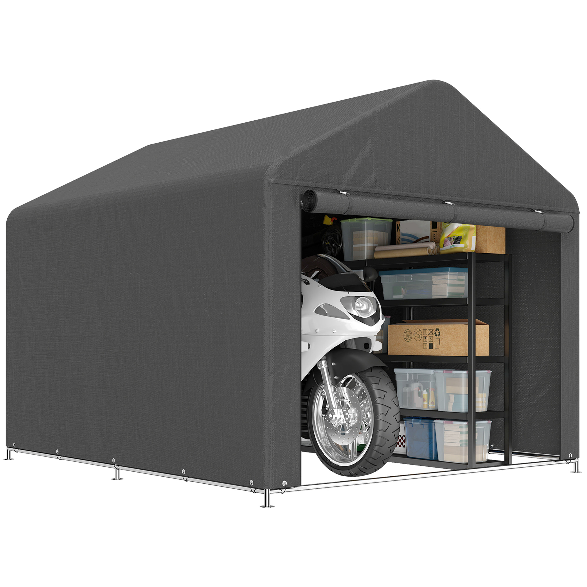 Abri de jardin porte enroulable fermeture éclair toile PE gris foncé