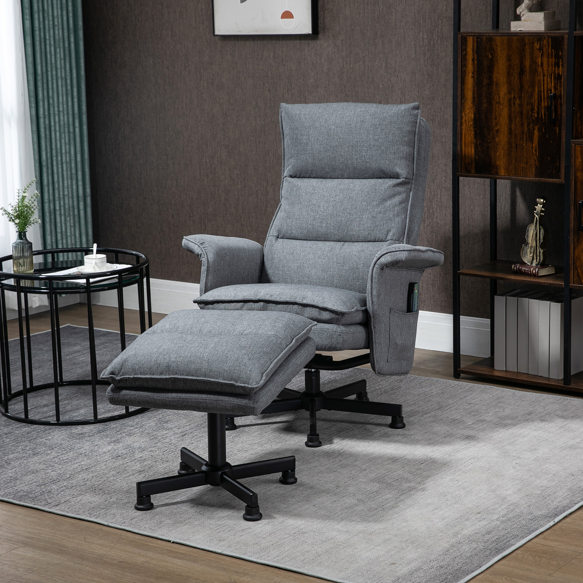 Fauteuil de massage avec repose-pied - style néo-rétro - châssis acier noir aspect lin gris