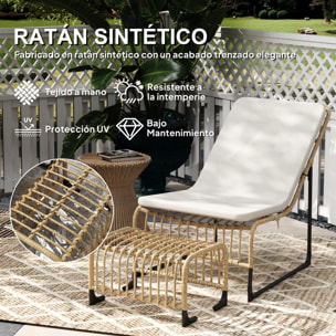 Conjunto de Sillón de Jardín con Reposapiés de Ratán Sintético Sillón para Exterior con Cojín Acolchado y Estructura de Acero Natural y Beige