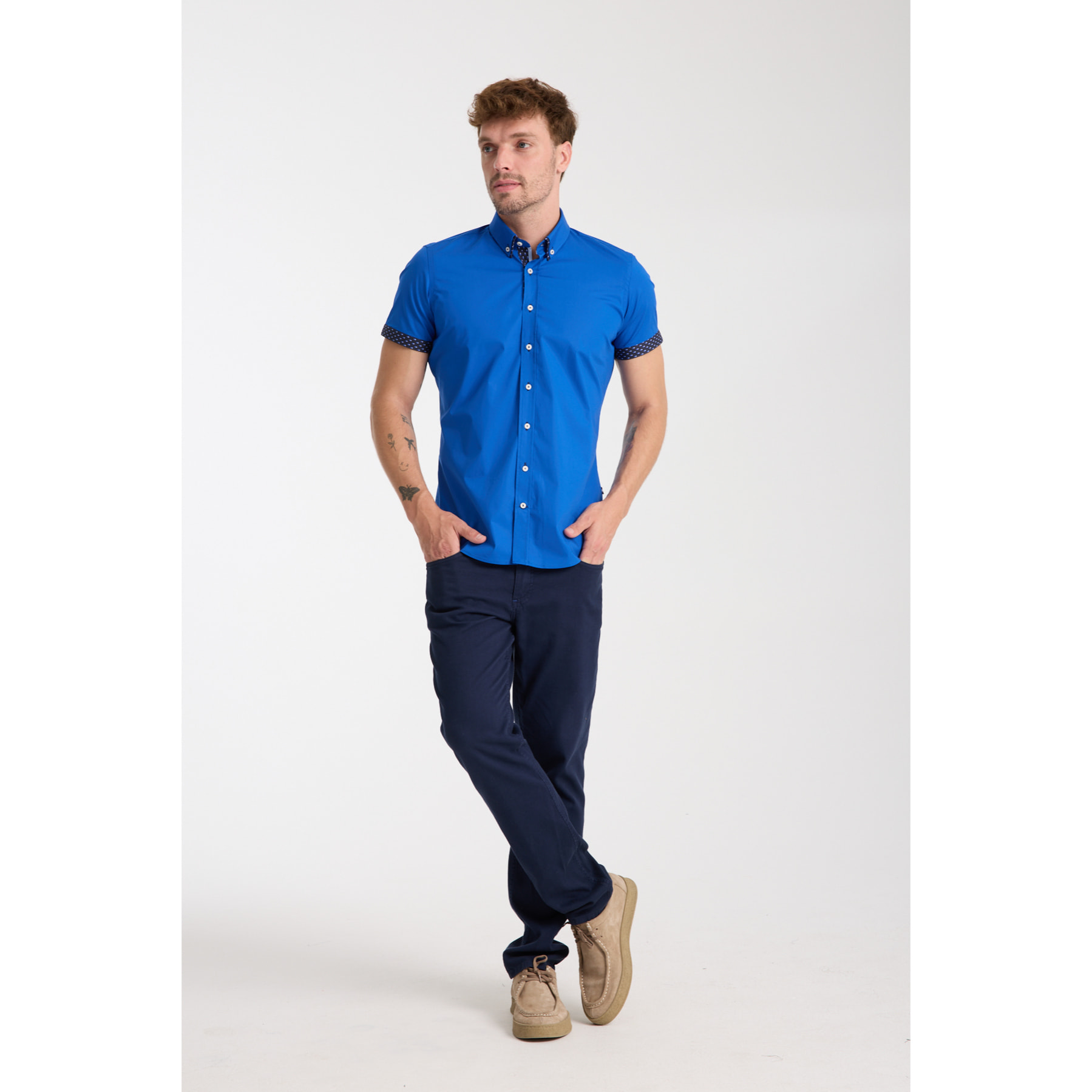 camicia uomo slim 1 bottone button down doppio collo Popeline Stretch Unito Bluette