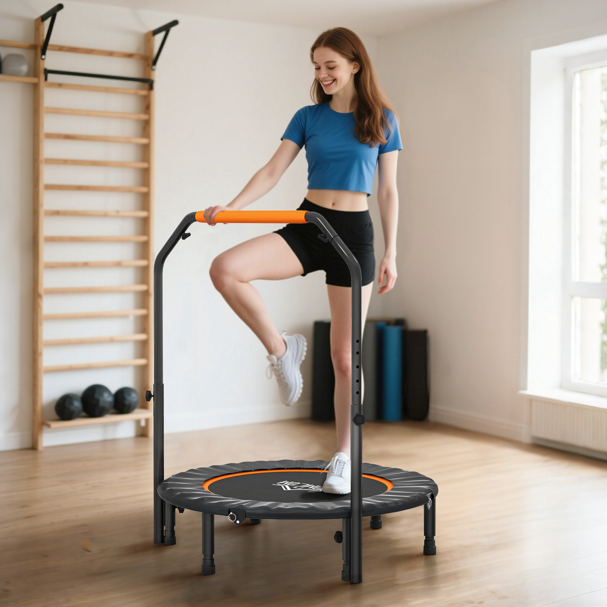 Trampolín de Fitness Adultos Ø102 cm, Cama Elástica Plegable con Mango Ajustable de 4 Niveles, Marco de Acero, para Entrenamiento Piernas, Cuerpo en Hogar, Oficina, Gimnasio, Negro y Naranja