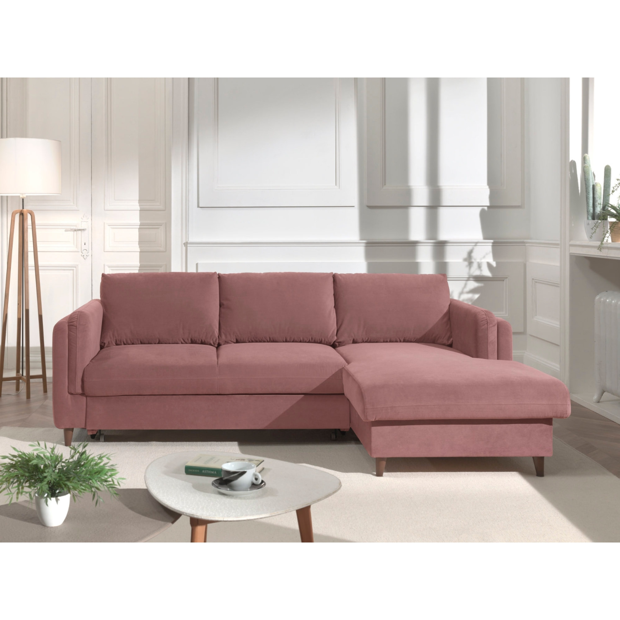 Brooke - canapé d'angle droit - convertible avec coffre - 4 places - en velours - Rose