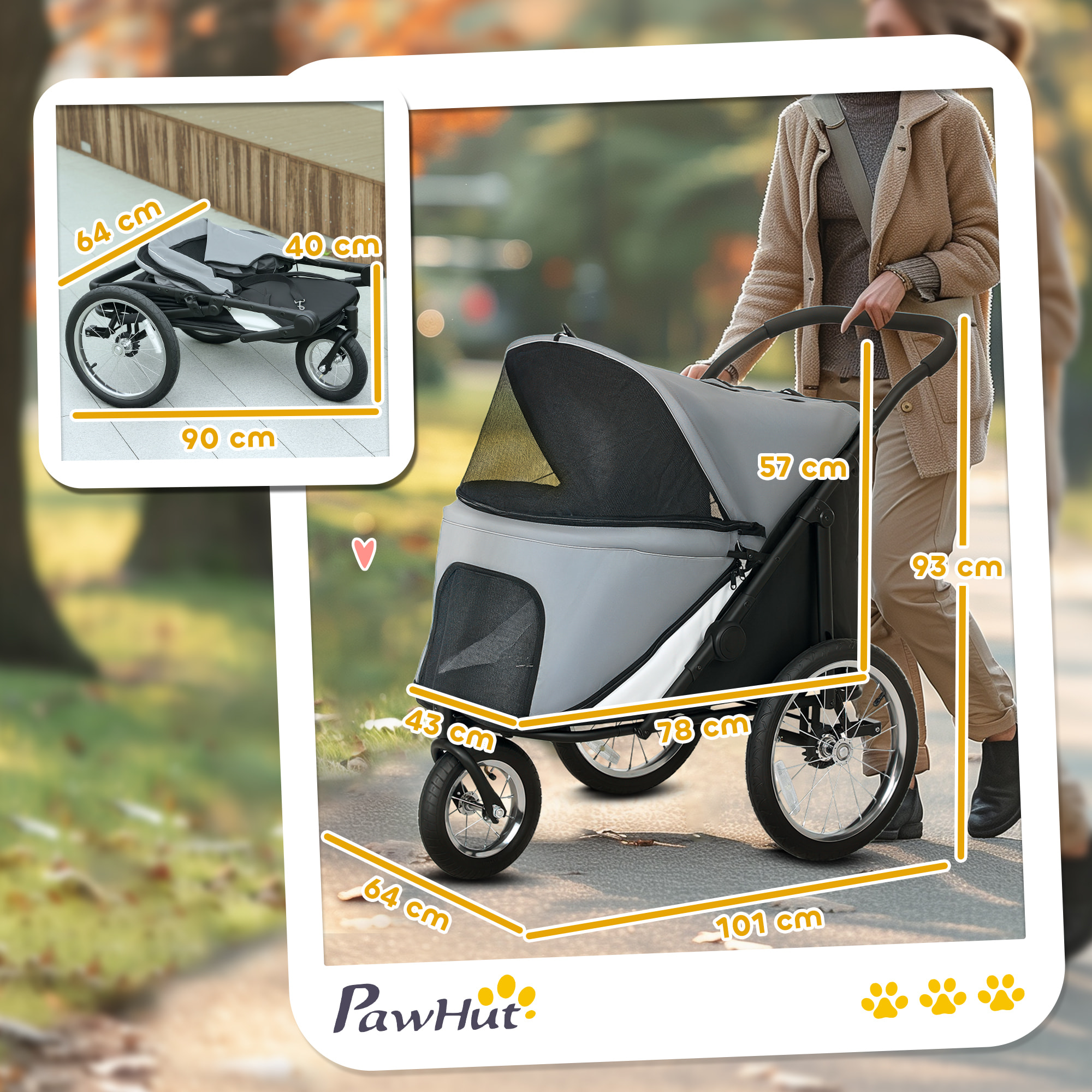 PawHut Carrito para Perros y Gatos Plegable, hasta 20 kg, Cochecito para Perros Medianos de 3 Ruedas de Goma y Frenos, con Cojín, Correa de Seguridad, Ventanas de Malla, Gris