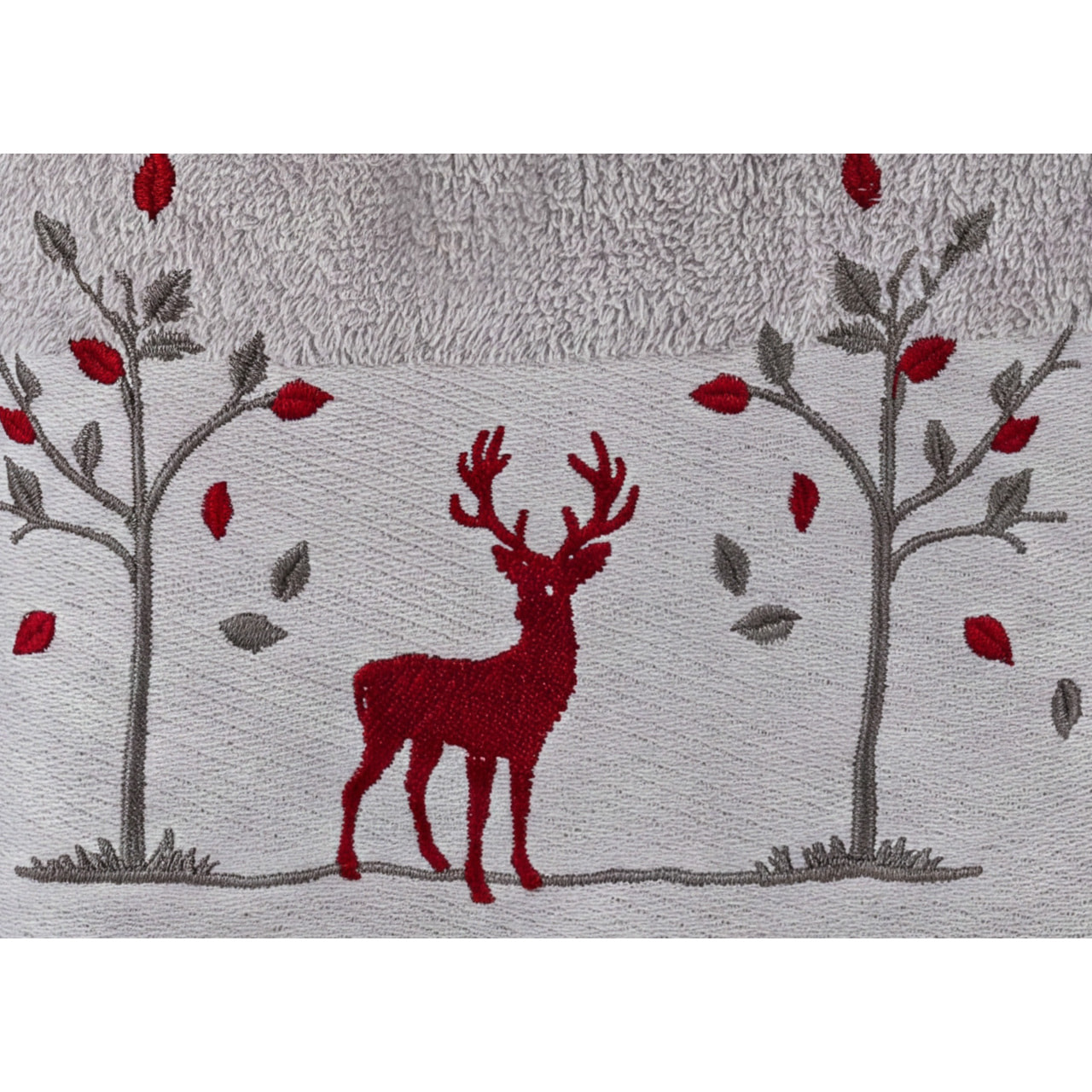 Set Asciugamano Ospite in Spugna 100% Cotone Fantasia Tirolese Natalizia Disegno Renna Bosco Grigio Chiaro