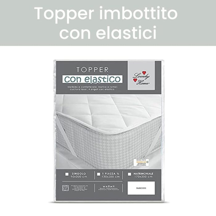 Topper Singolo, Imbottito con Trapuntatura a Quadri, Lavabile in Lavatrice, con Angoli Elastici