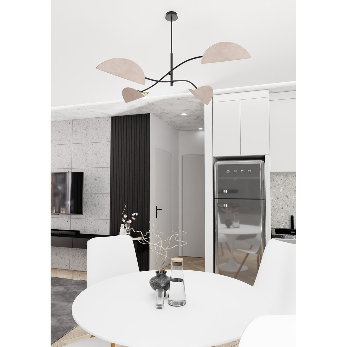 Lampada a sospensione Lotus in acciaio nero e velluto grigio