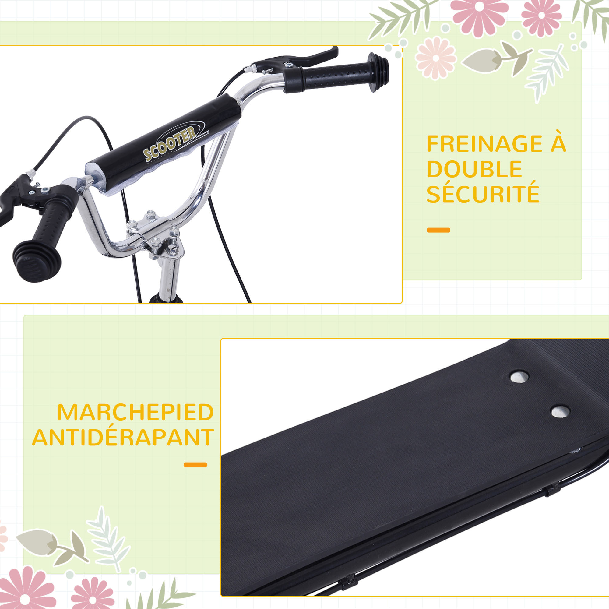 Trottinette patinette freestyle grandes roues pneumatiques Ø 41 cm hauteur guidon réglable béquille pegs inclus acier noir