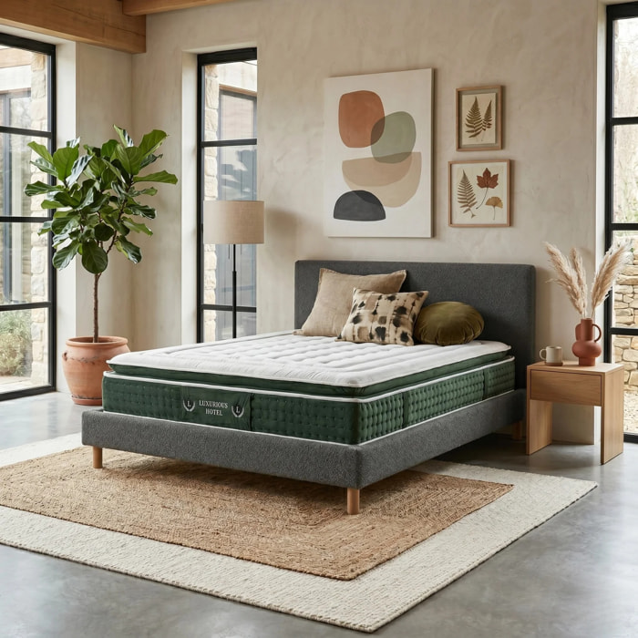 Ensemble matelas Jade & lit fixe Colisée | Mémoire de forme et ressorts ensachés | cadre à lattes | Bouclette | Gris clair