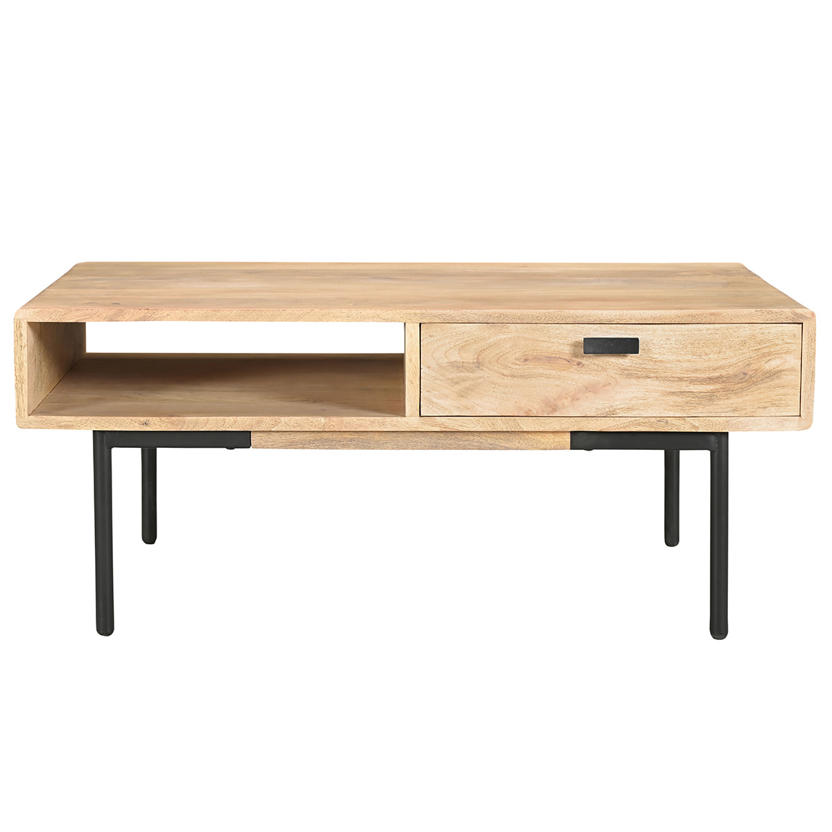 Table basse rectangulaire avec rangements 2 tiroirs en bois manguier massif et métal noir L100 cm JUDE