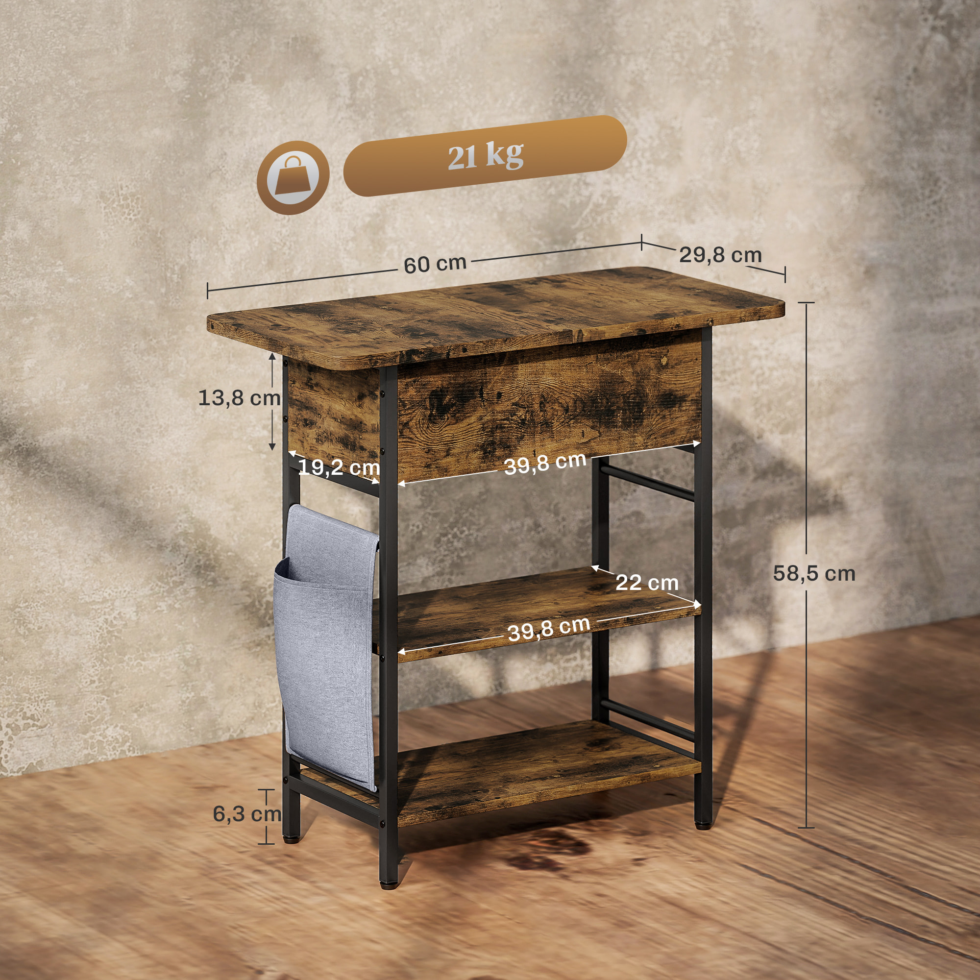 Console style industriel avec station de charge prises secteur et USB dim. 60 x 30 x 58,5 cm métal noir effet bois vieilli