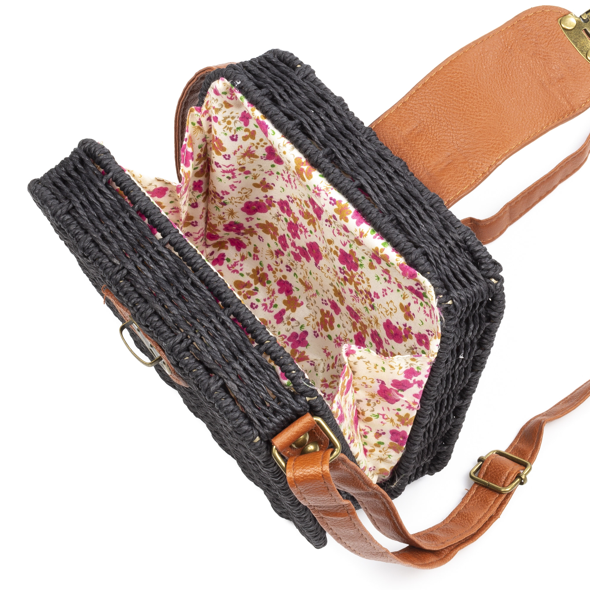 IRIA QUINTANA Borsa a tracolla da donna Empoli. Tessuto Paglia Pelle Sintetica PU 18x7x17 Cm. Colore nero
