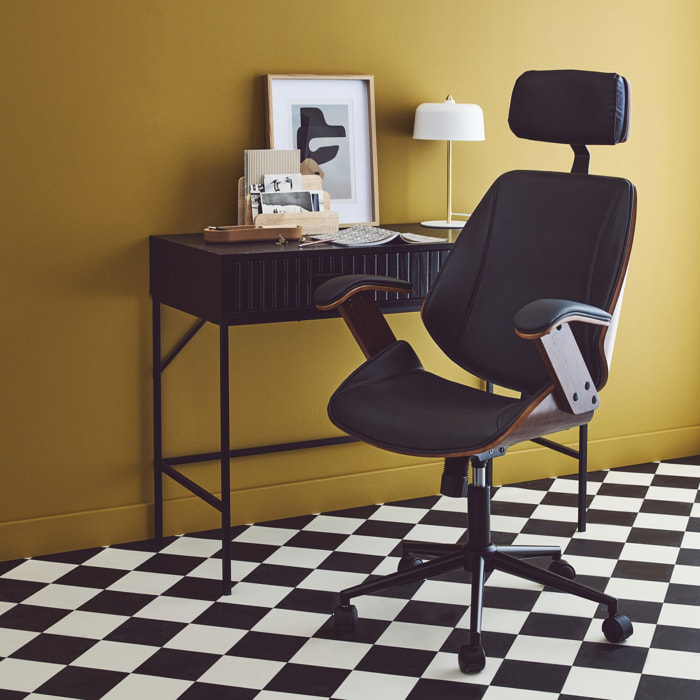 Chaise de bureau à roulettes décor bois courbé placage effet noyer et simili cuir noir