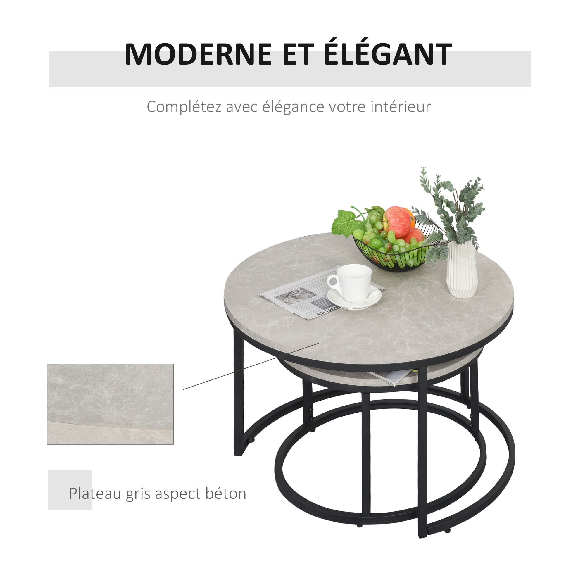 Lot de 2 tables basses rondes gigogne empilables plateau MDF gris et pieds en métal noir