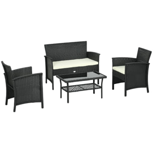 Conjunto de Jardín de Ratán Sintético Juego de 4 Piezas Muebles de Jardín con 2 Sillones 1 Sofá Doble 1 Mesa de Centro con Tablero de Vidrio y Cojines Negro y Crema