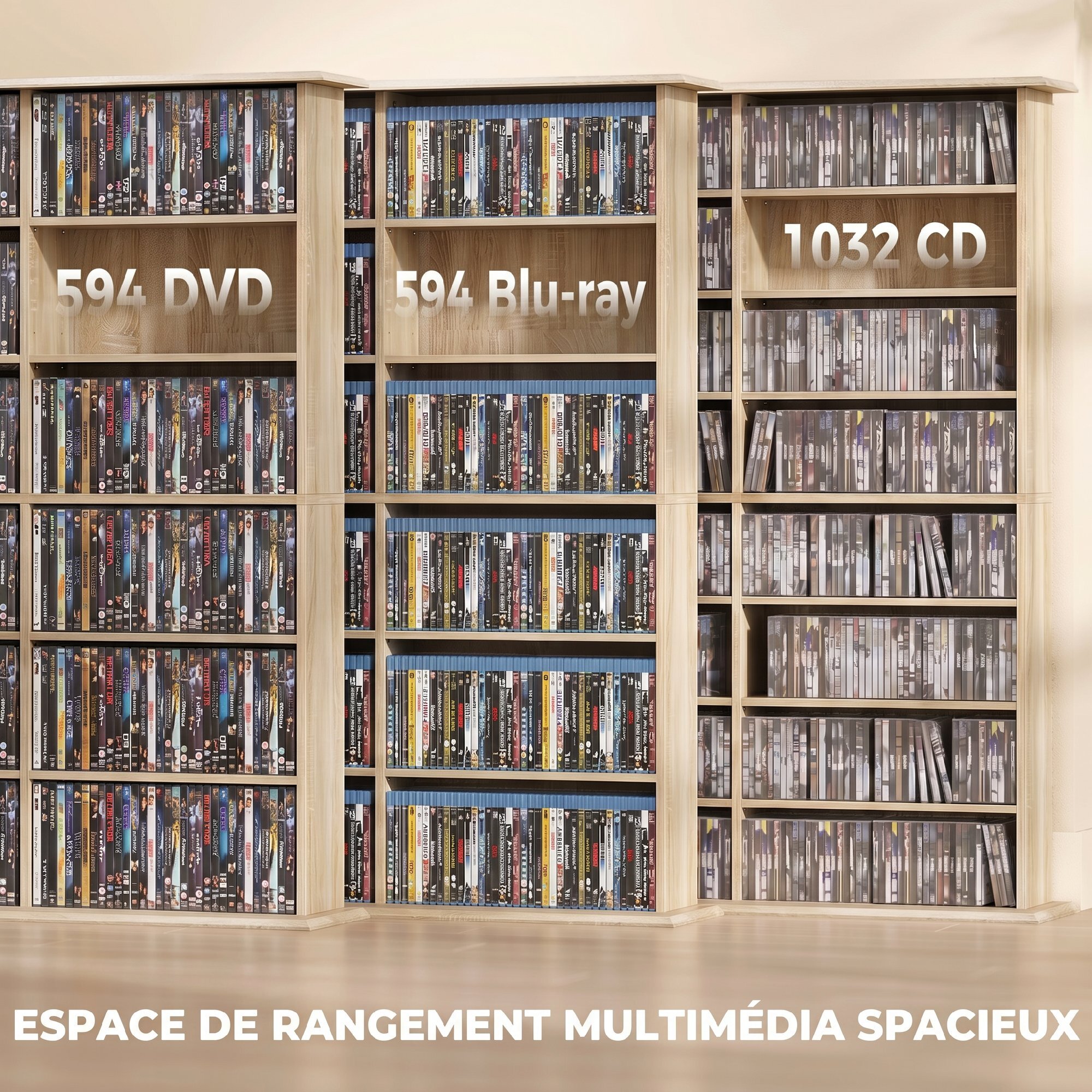 Rangement CD et DVD 24 compartiments 18 étagères réglables effet bois clair
