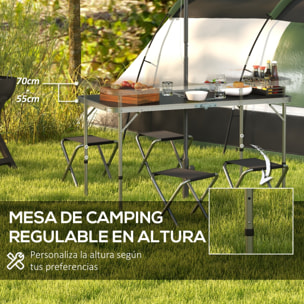 Conjunto de Camping de 5 Piezas Mesa para Camping Plegable con Sillas Incluye 1 Mesa Ajuatsble en Altura con Orificio para Sombrilla 120x60x55-70 cm y 4 Taburetes Plegables Negro