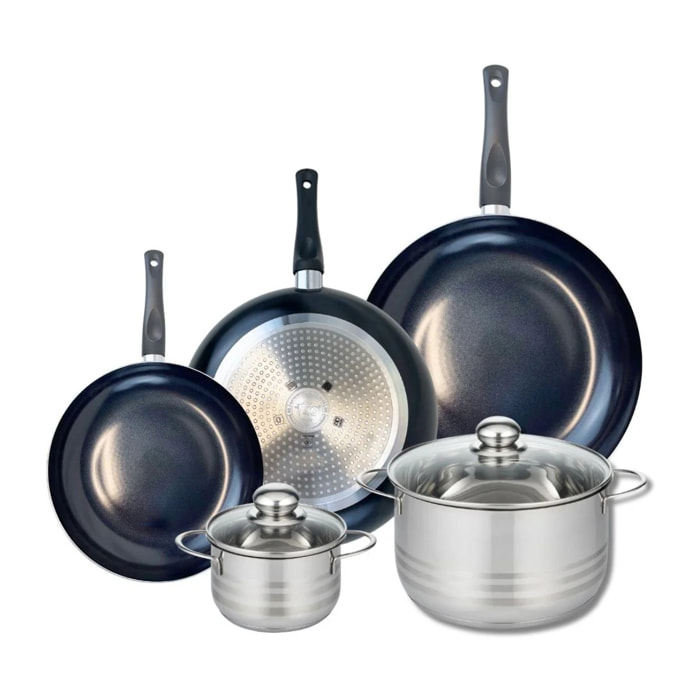 Ensemble de 3 Poêles de cuisson 24, 28 et 32 cm et 2 faitouts 14 et 24 cm Elo Prima Brillant