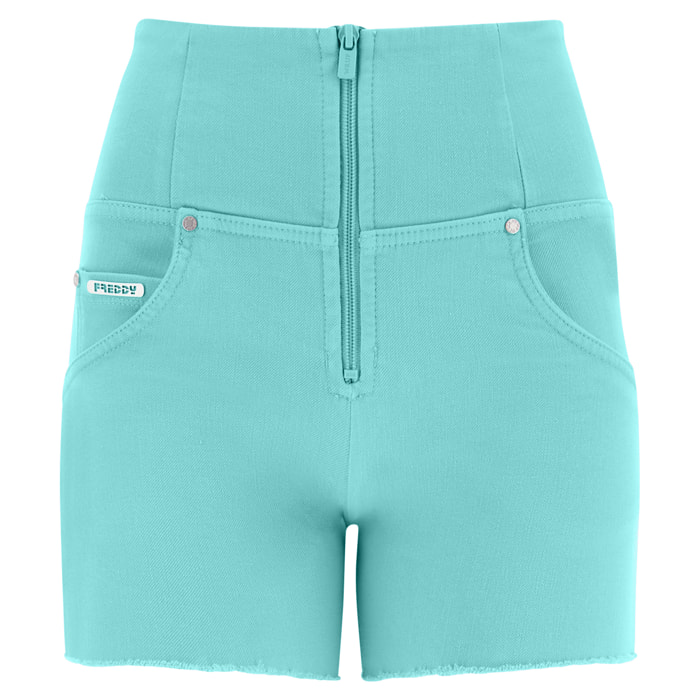 Shorts push up WR.UP® vita alta sfrangiati in denim navetta tinto in capo