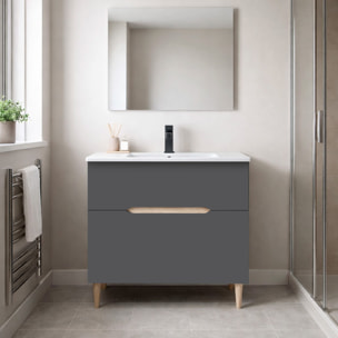 Mobile Bagno A Terra Lavabo In Ceramica E Specchio Inclusi 1 Cassetto Soft Close 1 Anta Vasistaso 80 x 45 x 80 Cm Colore Grigio Antracite E Rovere