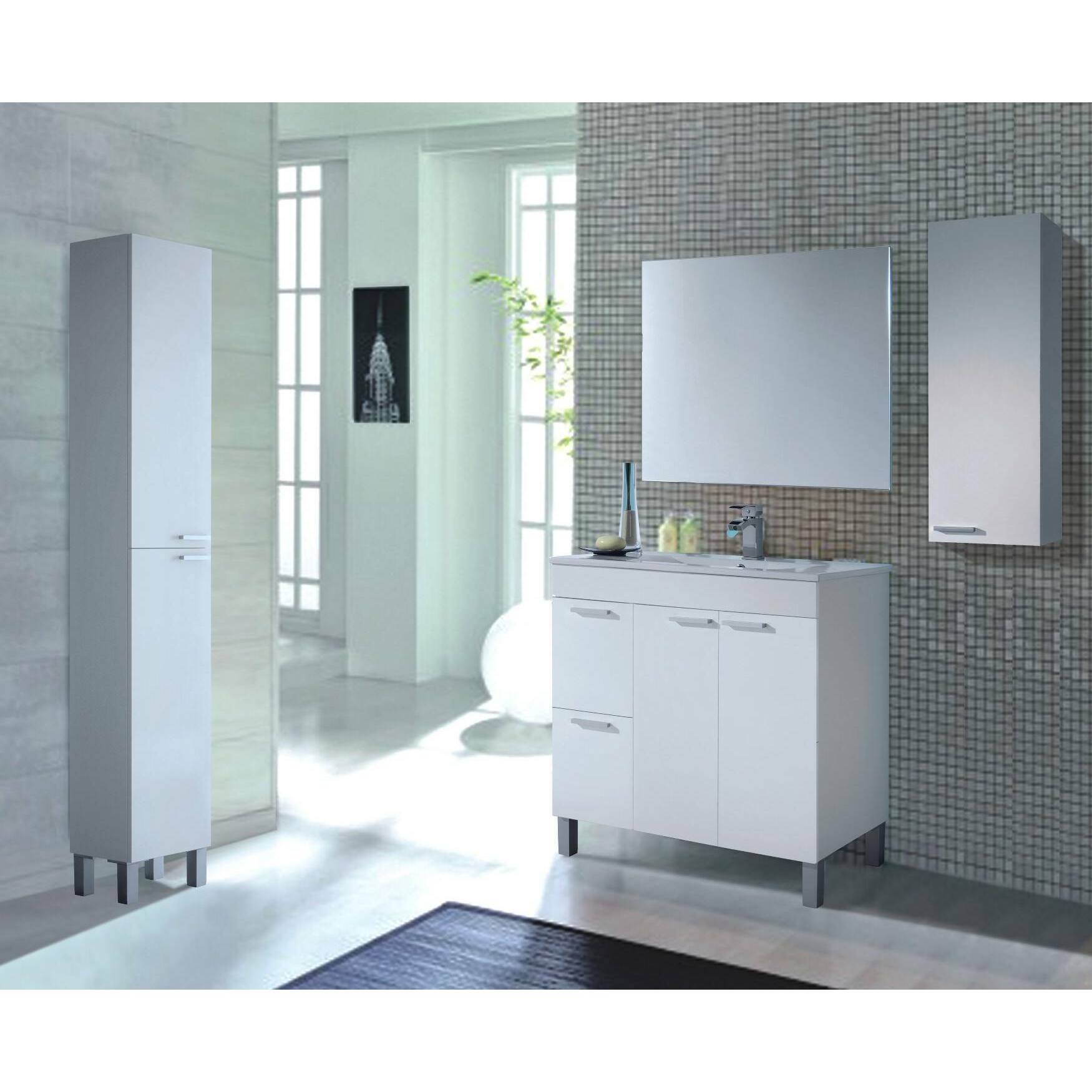 Colonna bagno Hollywood, Mobile a colonna per bagno a 2 ante, Armadio pensile sospeso con 2 ripiani, cm 30x25h182, Bianco lucido