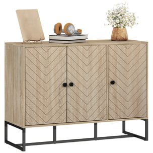 Aparador de 3 Puertas con Diseño Chevron, Aparador de Salón con Estantes Ajustables, Patas de Acero, para Cocina, Entrada, Dormitorio, Roble, 108x40x80 cm