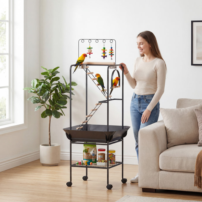 Parque de Juegos para Pájaros, Soporte para Pájaros con Ruedas, Escaleras, Columpio, Protector de Semillas, Bandeja, Comederos, Perchas, Gancho, Estante, para Periquitos Cacatúas, 63x63x163 cm