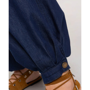 Pantalón vaquero ancho con bajo abullonado de mujer