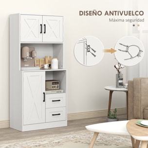 Alacena de Cocina Rústico Armario de Cocina Mueble Auxiliar de Cocina con Puertas Compartimentos Abiertos Cajones y Estantes Ajustables Antivuelco para Comedor Salón 70x40x180 cm Blanco