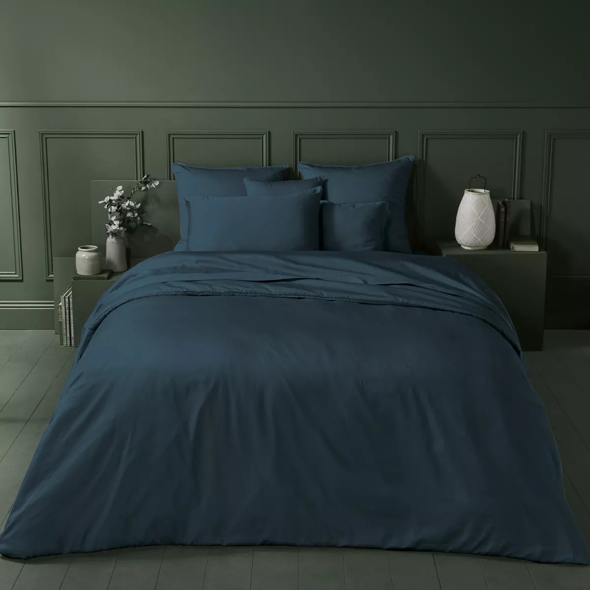 Housse de couette satin de coton uni bleu Ava uni bleu nuit