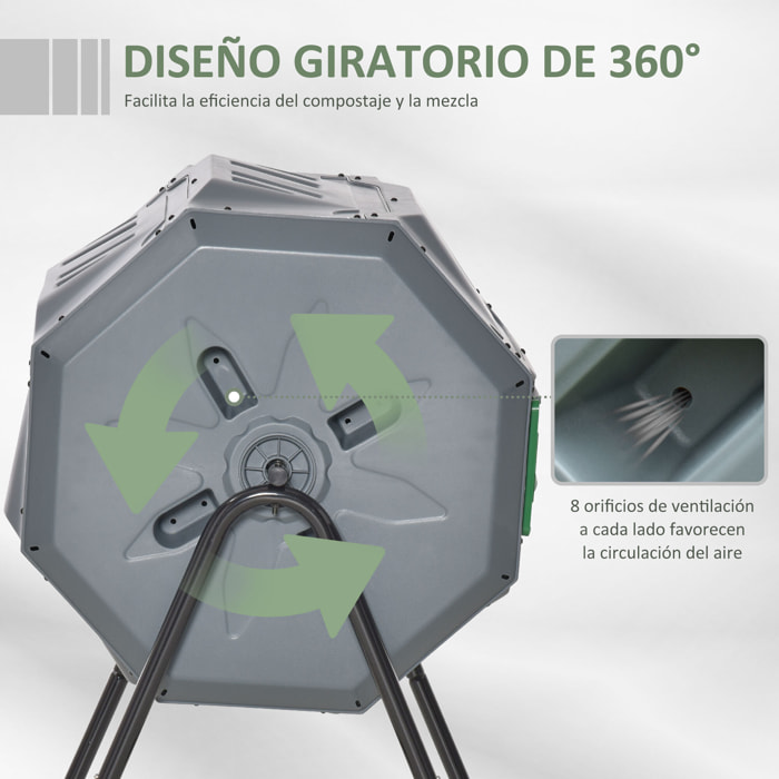 Compostador de Tambor Giratorio Contenedor de Compostaje de Doble Cámara con Capacidad 160 litros y Ventilación Marco de Acero para Residuos Orgánicos de Jardín 71x64x96cm Gris