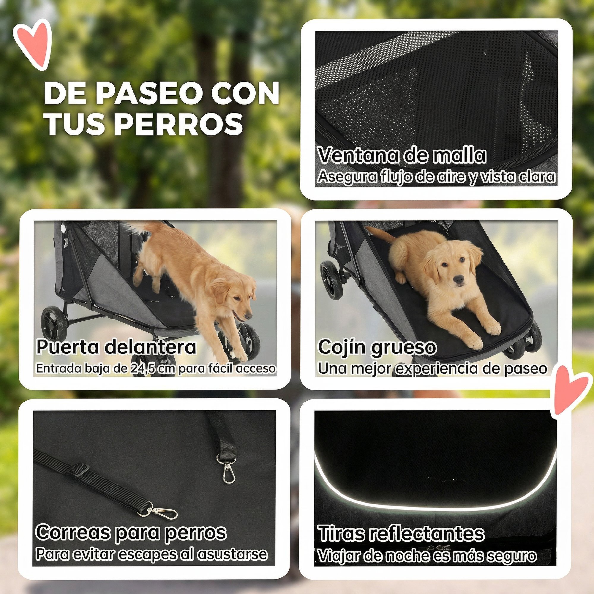 Carrito para Perros y Gatos Grande Plegable con un Botón hasta 30 kg, Cochecito para Perros Medianos y Grandes, Suspensión 4 Ruedas, Giratorio, Freno de Pie, Cojín Lavable, Gris