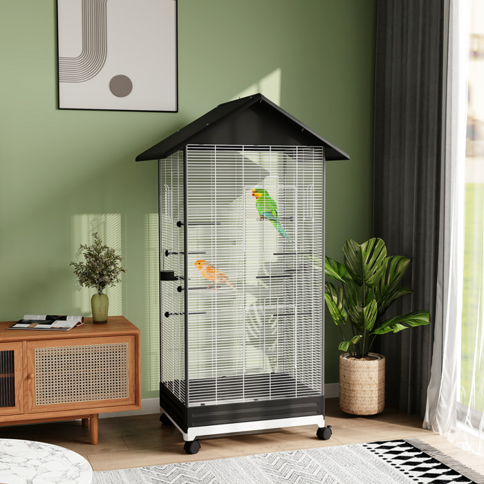 Jaula para Pájaros con Ruedas Pajarera Metálica con Bandeja Extraíble 4 Puertas 2 Comedores 8 Perchas para Canarios Periquitos 79x65x155 cm Negro