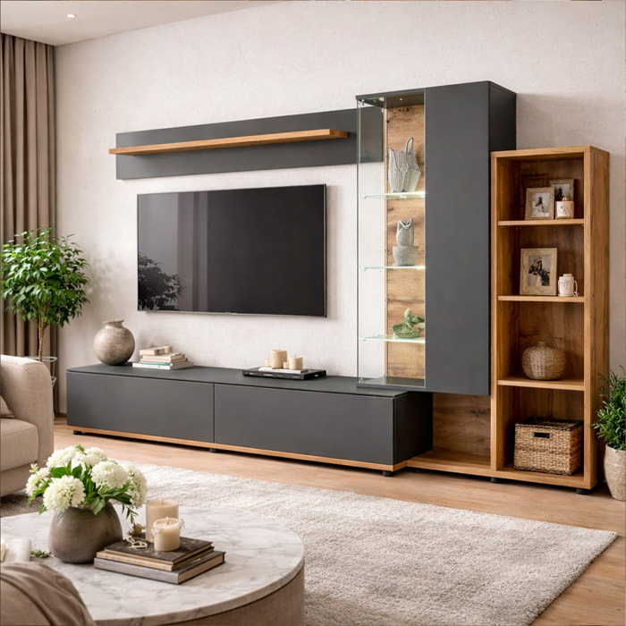 Parete Attrezzata Mobile TV Vetrina LED Living Mensola Vani Giorno Multifunzione Design Contemporaneo Arredo Casa 240 x 40 x 145 Cm Antracite Rovere