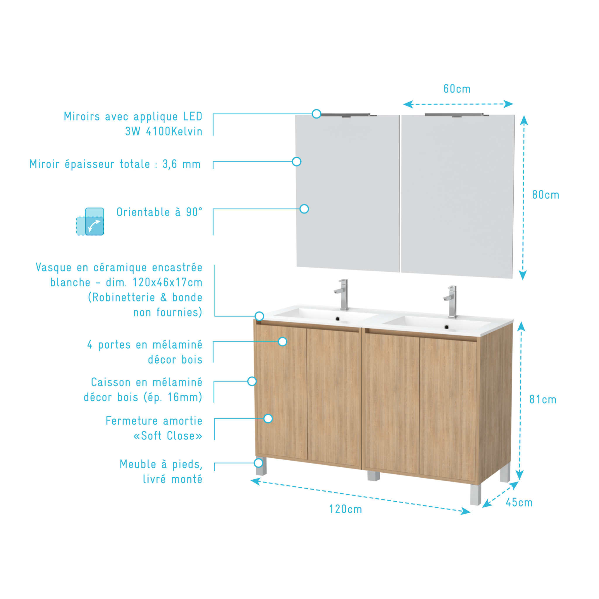 Meuble Salle de Bains 120 cm Chêne Clair 4 Portes, Vasque, Miroirs 60x80 et Réglettes Led - XENOS