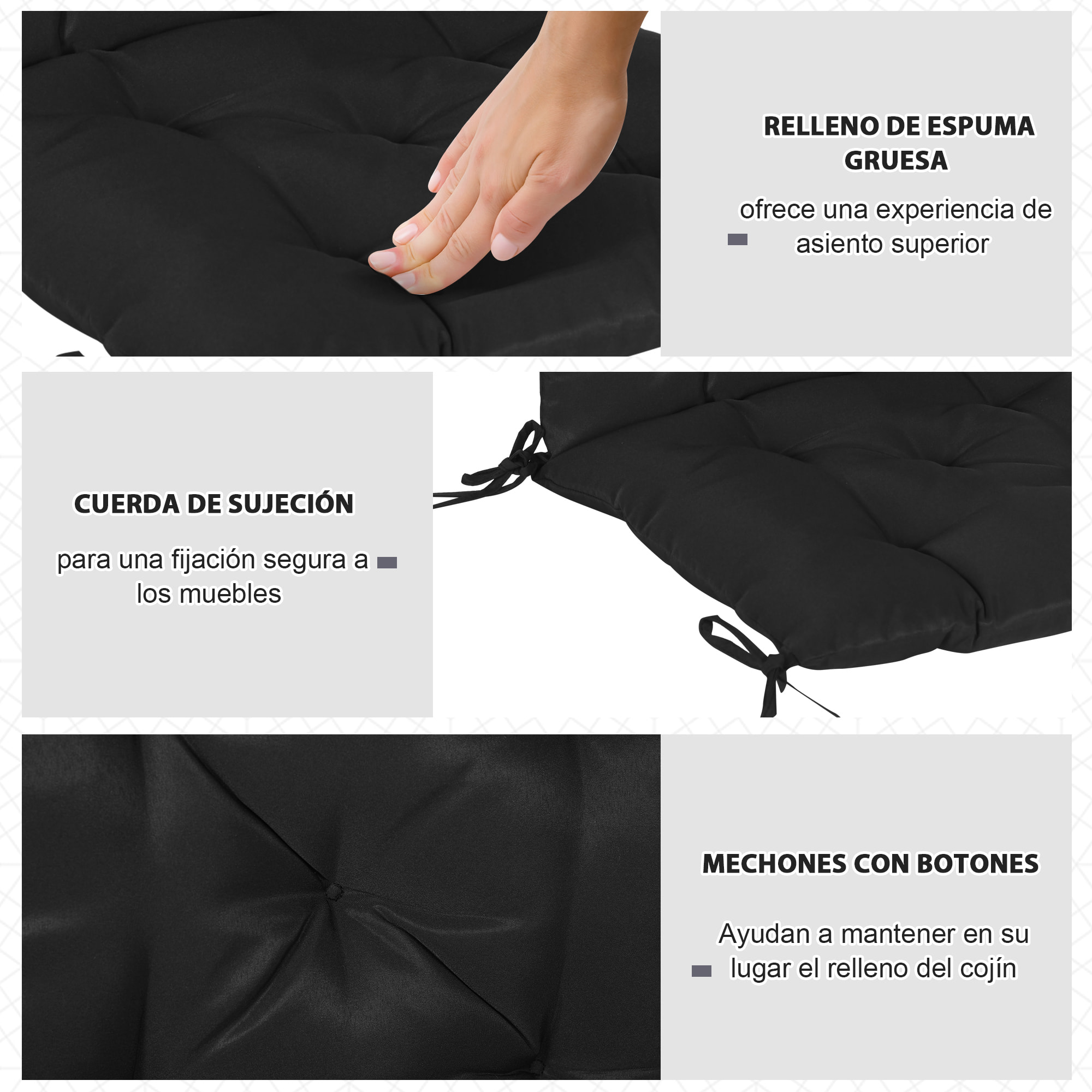 Conjunto de 2 Cojines para Silla Cojines para Jardín Colchones de Banco con Respaldo 6 Cordones de Fijación 50x98x8 cm Negro