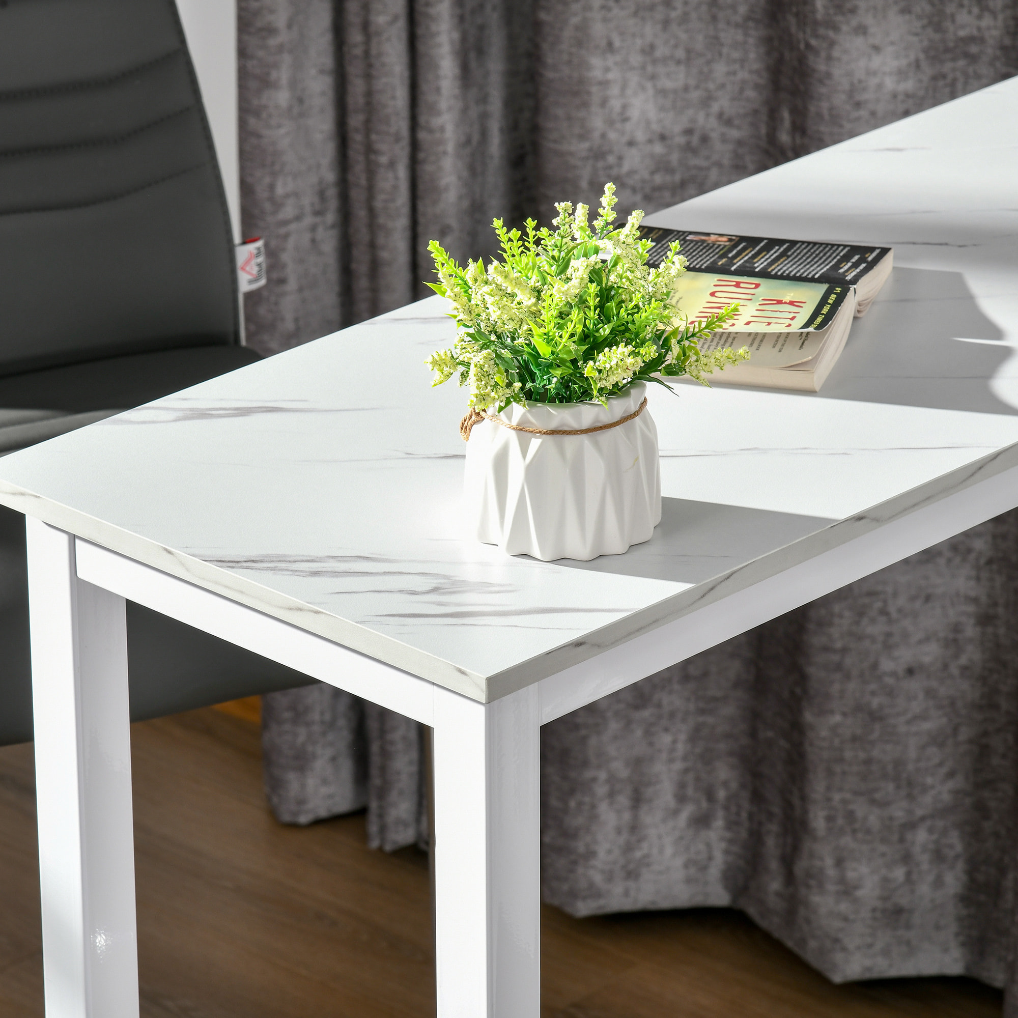 Table de bar - table haute de cuisine - dim. 120 x 40 x 100 cm - aspect marbre blanc acier blanc