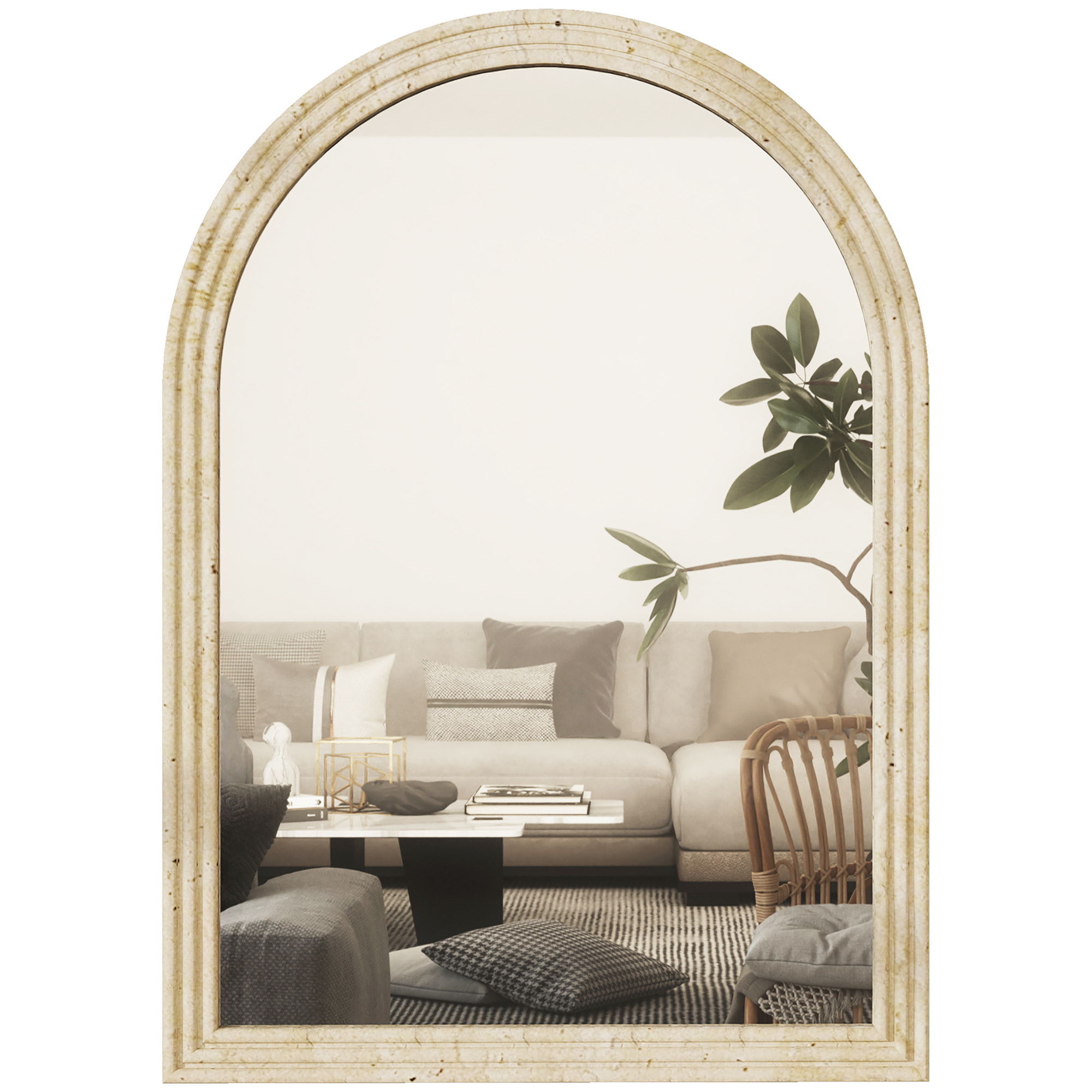 Espejo de Pared Arqueado, Espejo de Baño 60x90 cm con Marco de Imitación de Piedra de 3 Niveles, Estilo Moderno, para Salón, Dormitorio, Entrada y Pasillo, Beige