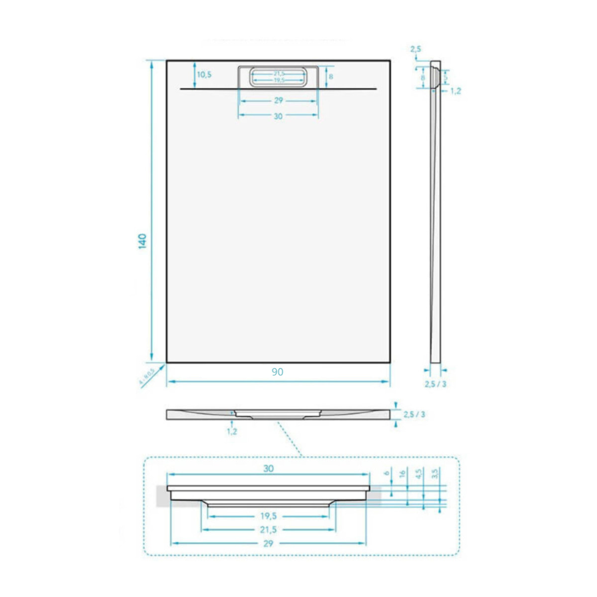 Fusion Receveur de douche 140x90cm en marbre coulé avec siphon, Gris (SATFU14090GRP-S)