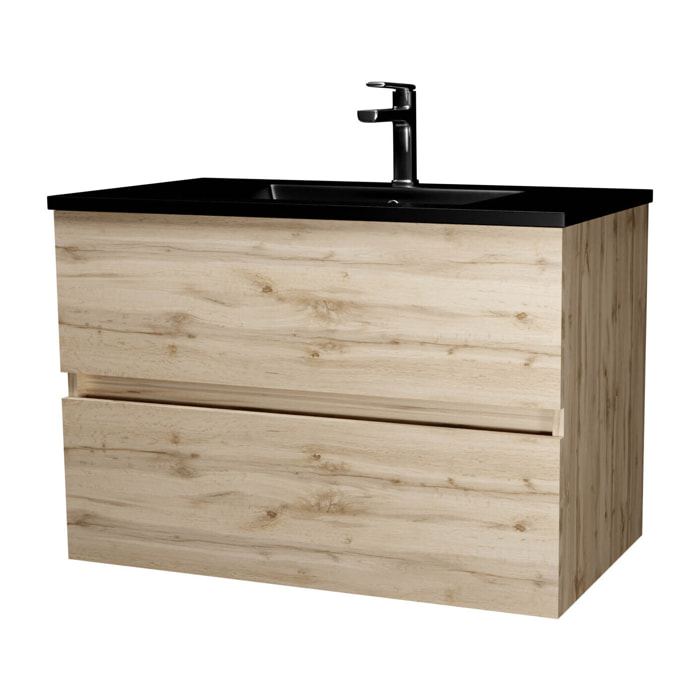 Meuble de salle de bains 80 cm 2 Tiroirs Chêne Naturel + Vasque Céramique Noire - TIMBER