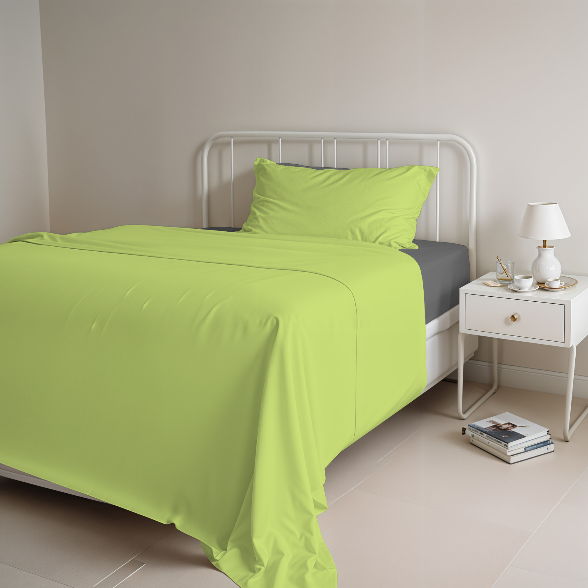 COMPLETO LETTO NATURAL COLOUR MADE IN ITALY COTONE-VERDE ACIDO/FUMO PIAZZA E MEZZA