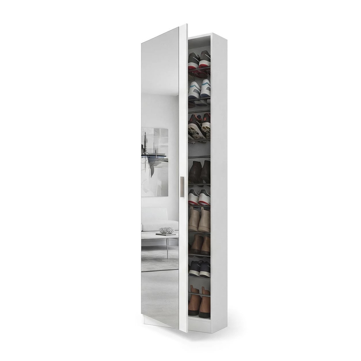 Zapatero alto de 1 puerta con espejo en blanco brillo 180x50 cm Roma Blanco Brillo