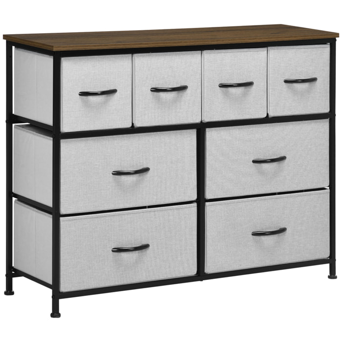 Commode meuble de rangement 8 tiroirs - dim. 100L x 30l x 78H cm - structure acier noir tissu pliant gris